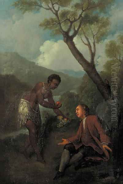 A moor servant offering fruit to a gentleman seated by a tree in a mountainous landscape Oil Painting by Jean-Baptiste Oudry