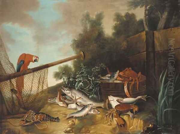 A barrel with a spider crab and fish Oil Painting by Jean-Baptiste Oudry