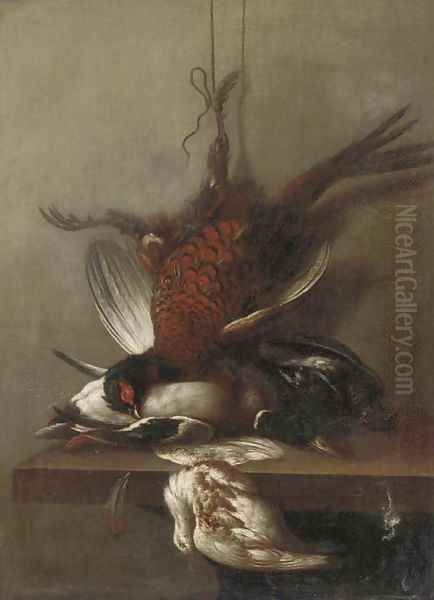 A pheasant, a duck and other dead game on a ledge Oil Painting by Jean-Baptiste Oudry