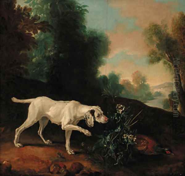 A pointer with a pheasant in a landscape Oil Painting by Jean-Baptiste Oudry