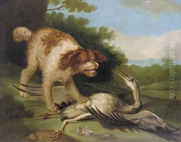 A spaniel attacking a crane Oil Painting by Jean-Baptiste Oudry