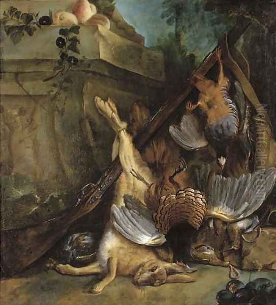 Dead game by a sculpted relief Oil Painting by Jean-Baptiste Oudry