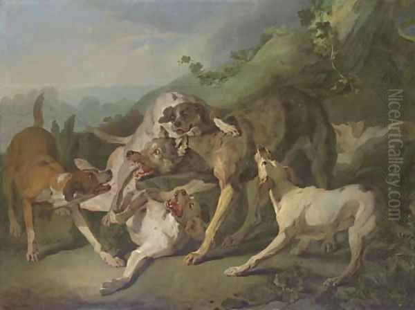 Dogs attacking a wolf in a landscape Oil Painting by Jean-Baptiste Oudry