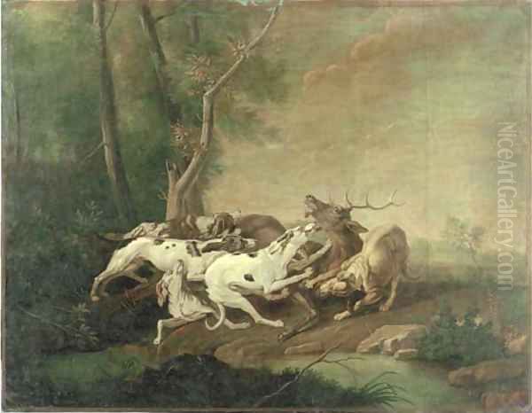 Hounds attacking a stag Oil Painting by Jean-Baptiste Oudry