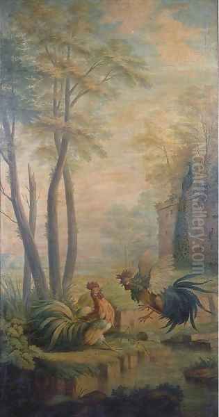 Two fighting cocks by a pond in a park landscape Oil Painting by Jean-Baptiste Oudry