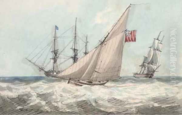 A cutter working up to the frigate at anchor (illustrated) Oil Painting by Samuel Owen