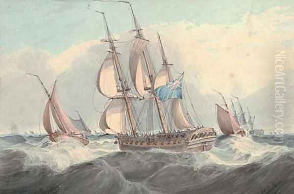 A frigate in a busy shipping lane Oil Painting by Samuel Owen