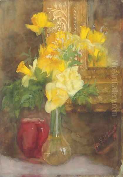 A bouquet of yellow roses and daffodils Oil Painting by Ferdinand Oldewelt