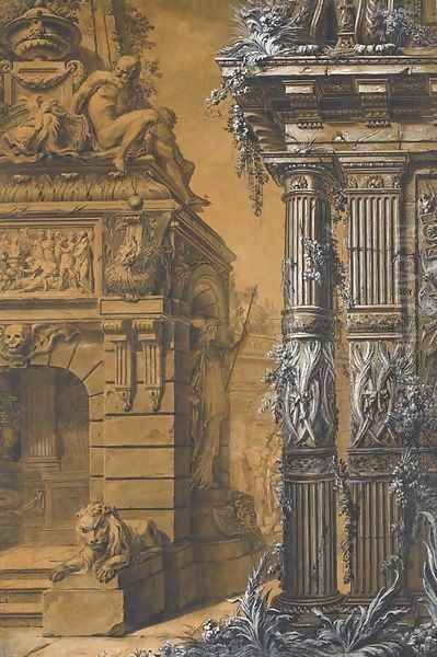 The entrance to a sepulchre with a columned building in the right, two figures in a courtyard in the background Oil Painting by Gilles-Marie Oppenord