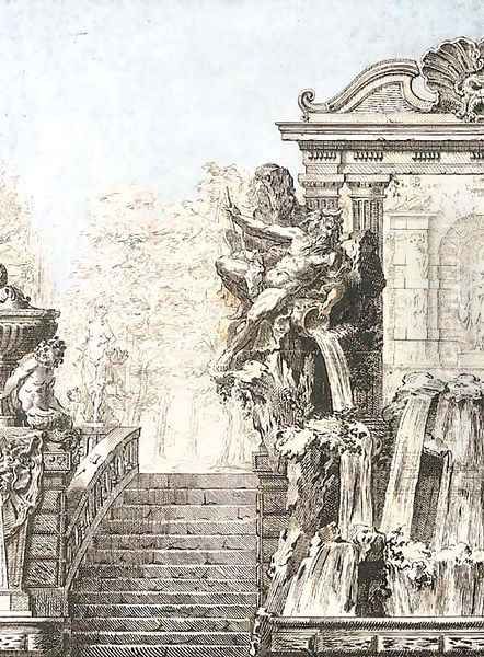 A design for a fountain beside a staircase, a park in the background Oil Painting by Gilles-Marie Oppenord