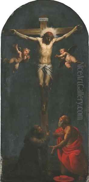 Christ on the Cross with Saint Francis of Assisi and Saint Jerome Oil Painting by Pasquale Ottino