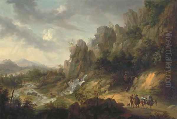 An extensive, rocky landscape with travellers on a path near a waterfall Oil Painting by Josef Orient