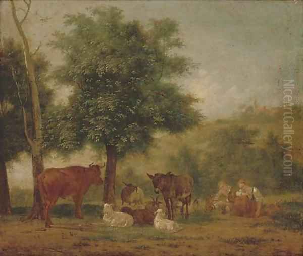 A young couple resting under a tree with animal companions Oil Painting by Pieter Gerardus Van Os