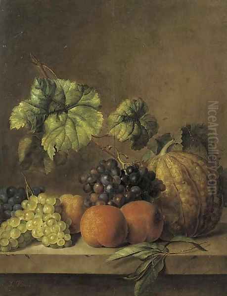 A melon, peaches and grapes on the vine on a ledge Oil Painting by Jan van Os