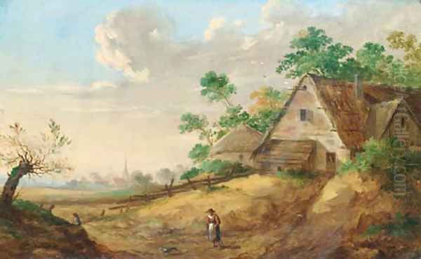 A peasant woman on a path, a farm and a village in the distance Oil Painting by Jan van Os