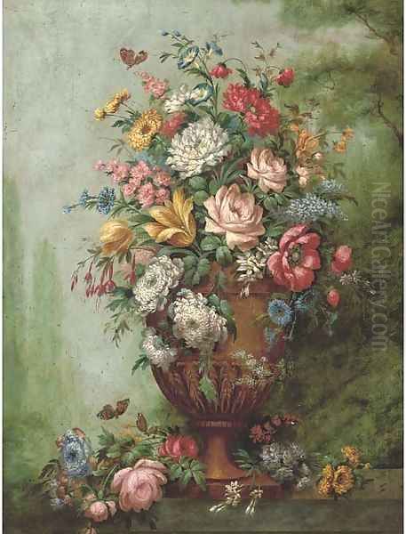 Roses, carnations, poppies, morning glory, chrysanthemums and other flowers in a sculpted urn on a stone ledge Oil Painting by Jan van Os