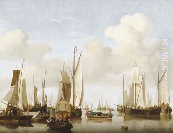 A calm with merchants in a rowing boat in the foreground before a States Yacht, numerous other saiiling boats nearby Oil Painting by Jan van Os