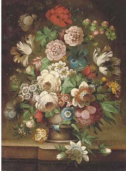 Parrot tulips, roses, carnations, a poppy, morning glory and other flowers in an urn on a stone ledge Oil Painting by Jan van Os