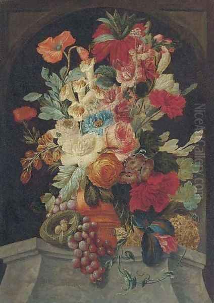 Mixed flowers in an urn on a ledge with grapes and a bird's nest Oil Painting by Jan van Os