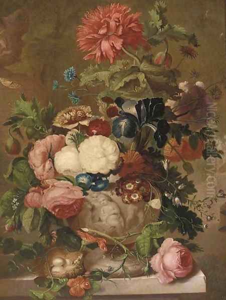 Roses, carnations and other flowers in a sculpted vase on a ledge with a bird's nest Oil Painting by Jan van Os