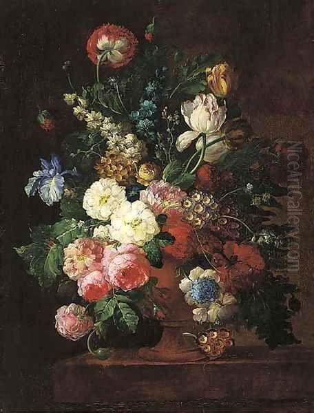 Roses, irises, tulips, and other flowers in a stone urn on a ledge Oil Painting by Jan van Os