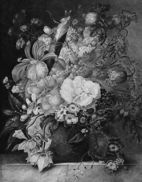 Still Life Of Irises, Roses, Violets And Other Flowers In A Vase On A Ledge Oil Painting by Jan van Os