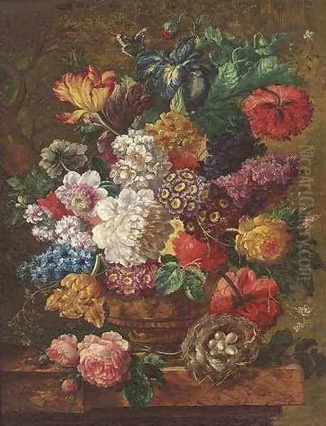 Summer flowers in a vase, with a bird's nest to the side, on a ledge Oil Painting by Jan van Os