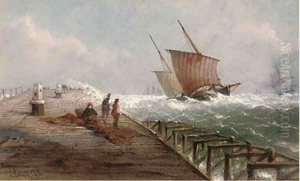 A breezy day at the harbour mouth, Yarmouth Oil Painting by John Connell Ogle