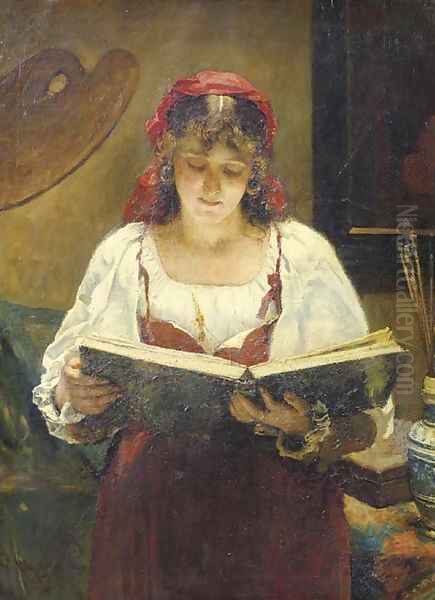 An Italian beauty looking at an album Oil Painting by Pieter Oyens