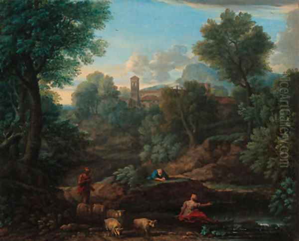 A landscape with a shepherd and sheep at a stream, a village beyond Oil Painting by An Frans Van Orizzonte (see Bloemen)