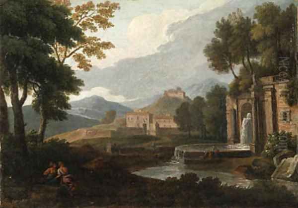 An Italianate Landscape with a Fountain and Philosophers resting in the foreground Oil Painting by An Frans Van Orizzonte (see Bloemen)