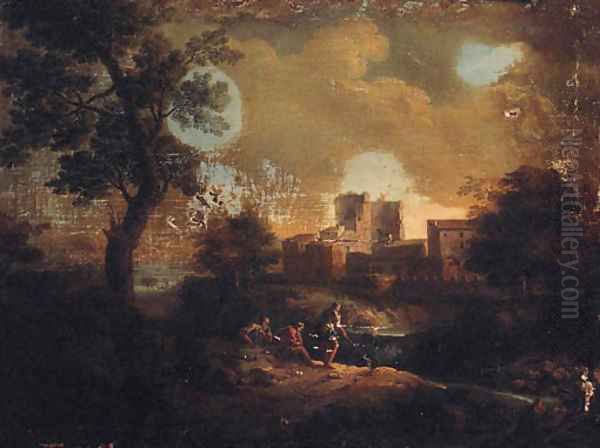 An Italianate landscape with travellers on a path overlooking a villa on a river Oil Painting by An Frans Van Orizzonte (see Bloemen)