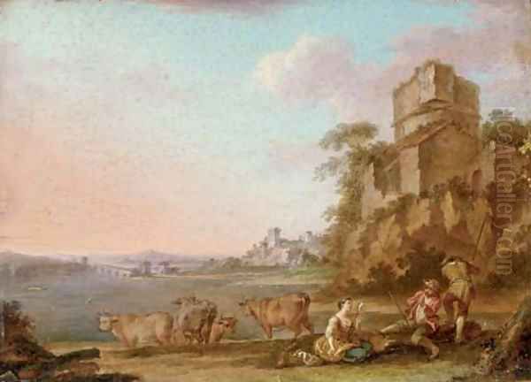 An Italianate river landscape with figures making music, cattle beyond Oil Painting by Balthasar-Paul Ommeganck