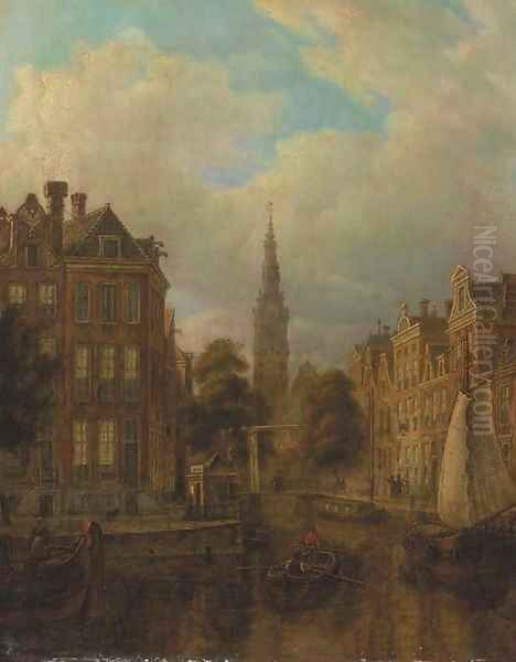 A view of a canal, Amsterdam with the Zuiderkerk towering Oil Painting by Hendrik Van Oort