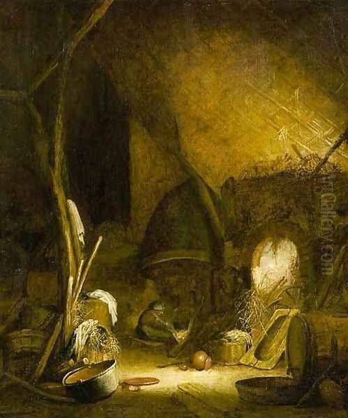 A peasant woman seated by a fire in a barn, pots and pans in the foreground Oil Painting by Isaac Jansz. Van Ostade