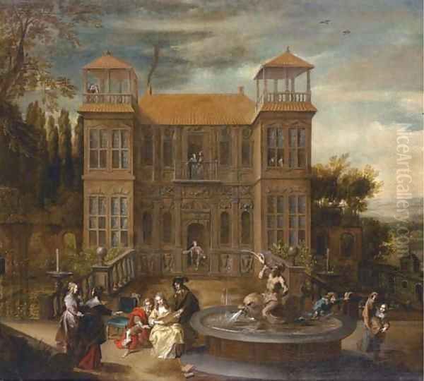 A country house with elegant company playing music and cavorting in the courtyard Oil Painting by Isaak van Oosten