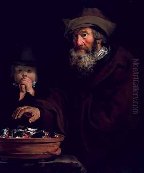 An old man warming his hands over coals Oil Painting by Jacob Cornelisz Van Oostsanen