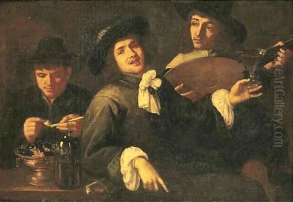 The Five Senses three men smoking, drinking and making music Oil Painting by Jacob van, the Elder Oost