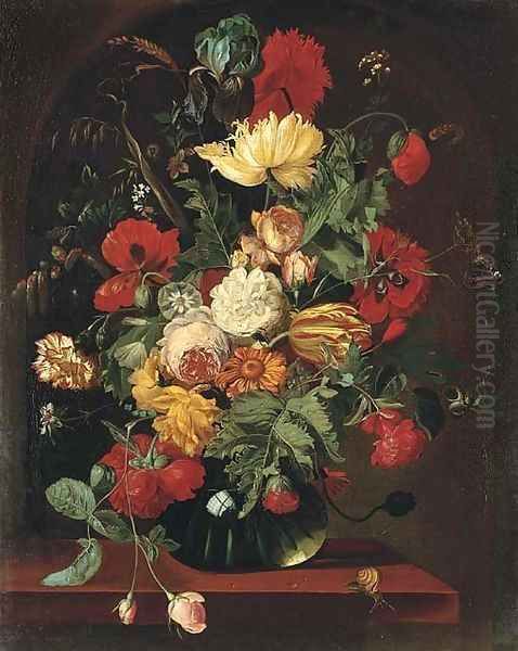 Poppies, tulips, marigolds, corns of wheat, roses and other flowers in a glass vase on a ledge Oil Painting by Jan van Os