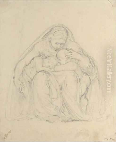 A seated woman sheltering two infants under her cloak Oil Painting by William Young Ottley