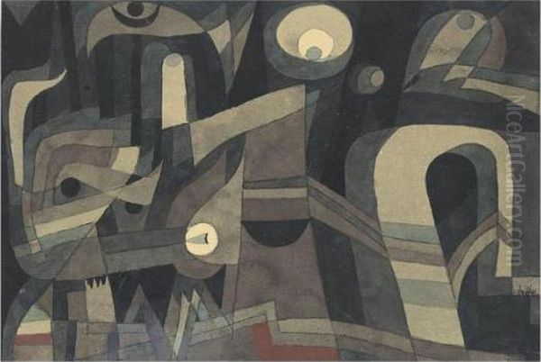 Nachts (grun/indischrot, Duster) At Night (green-indian Red, Gloomy) Oil Painting by Paul Klee