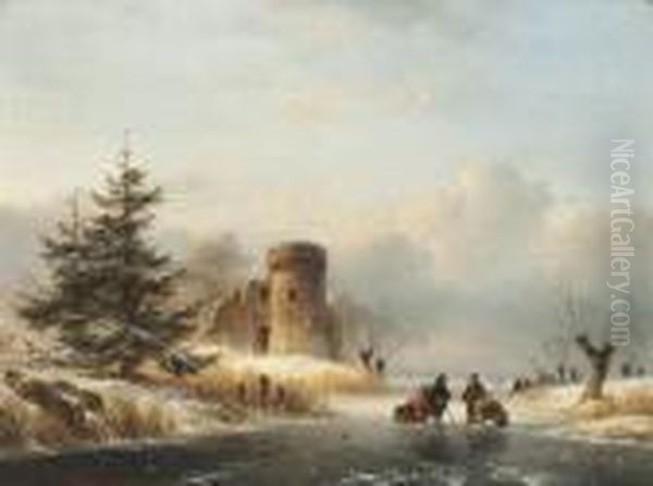 A Conversation On The Ice Oil Painting by Lodewijk Johannes Kleijn