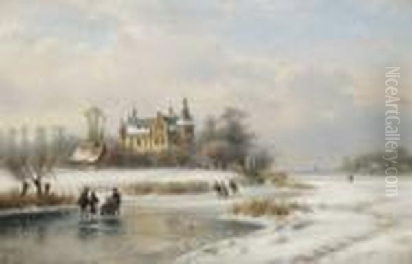 Ijslandschap Met Schaatsende Personages Bij Kasteel Oil Painting by Lodewijk Johannes Kleijn