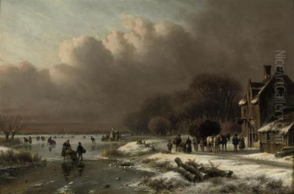 A Winter Landscape Oil Painting by Lodewijk Johannes Kleijn