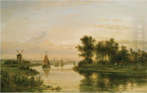 A River Landscape In Summer, A Town In The Distance Oil Painting by Lodewijk Johannes Kleijn