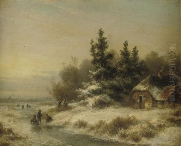 Figures On A Frozen Waterway Near A Farmhouse Oil Painting by Lodewijk Johannes Kleijn