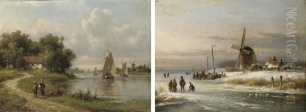 Skaters On The Ice Near A Windmill Oil Painting by Lodewijk Johannes Kleijn