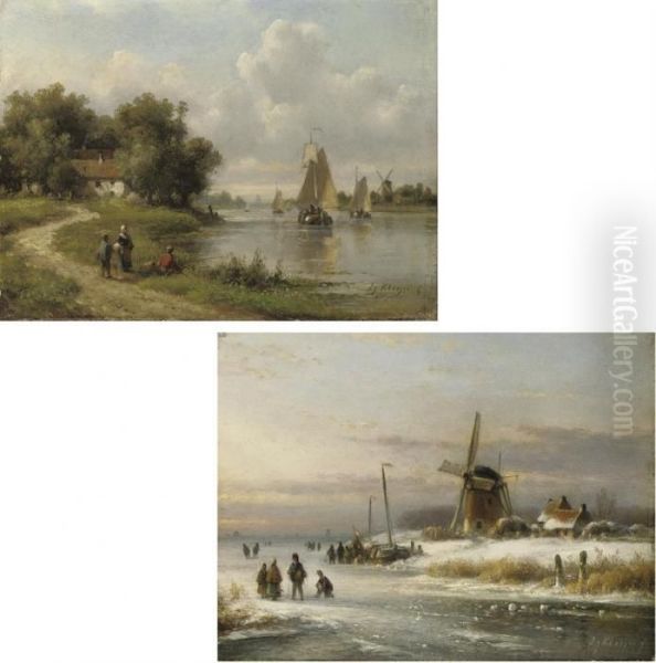 Skaters On The Ice Near A Windmill; And Fishing By The River In Summer Oil Painting by Lodewijk Johannes Kleijn