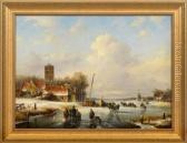 Winterlandschaft Mit Eisvergnugen Auf Einem Flusslauf Oil Painting by Lodewijk Johannes Kleijn