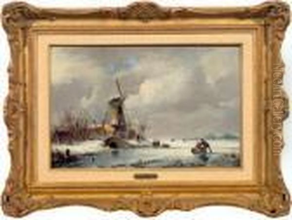 Winterlandschaft Mit Eislaufern An Einer Windmuhle Oil Painting by Lodewijk Johannes Kleijn